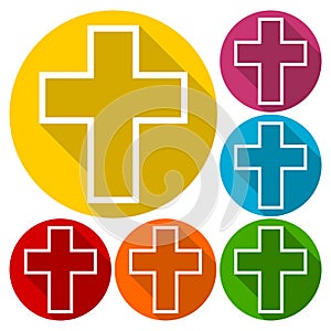 Set of colorful buttons icons with cross, with long shadow