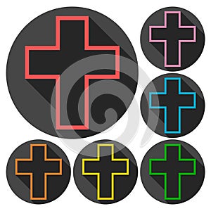 Set of colorful buttons icons with cross, with long shadow