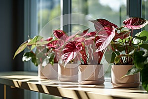 Set of colorful caladiums on table by big window in a modern house, house plants and urban jungle concept.