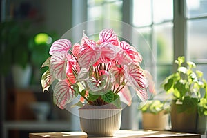 Set of colorful caladiums on table by big window in a modern house, house plants and urban jungle concept.
