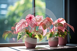 Set of colorful caladiums on table by big window in a modern house, house plants and urban jungle concept.