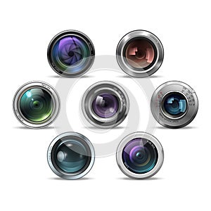 Set of colorful camera photo lenses. Vector illustration.