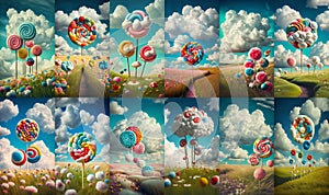 Set of colorful candy lands with beautiful meadows and white clouds