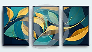 A set of colorful canvases with a bright abstract leaves