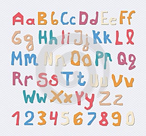 Set of colorful capital, lowercase letters alphabet with numbers and shadow on squared gray background