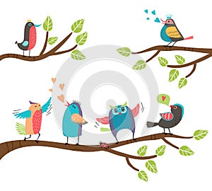 Set of colorful cartoon birds on branches