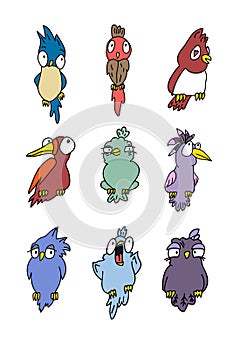 Set of colorful cartoon cute vector birds