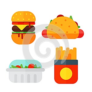 Set of colorful cartoon fast food icons isolated restaurant tasty american cheeseburger meat and unhealthy burger meal