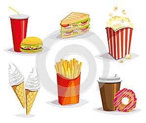 Set of colorful cartoon fast food icons on white background. Isolated vector illustration.