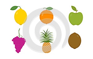 Set of colorful cartoon fruit icons: apple, orange, pineapple, grapes, kiwi, lemon. Vector illustration, isolated on white