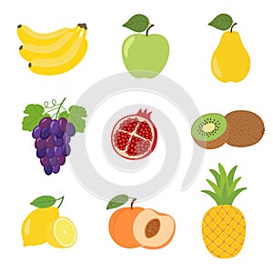 Set of colorful cartoon fruit icons apple, pear, peach, banana, grapes, kiwi, lemon, pomegranate, pineapple.