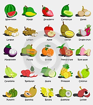 Set of colorful cartoon fruit icons Watermelon,Mango,Strawberry,Cantaloupe,,Apple, Papaya,Orange,Pomegranate,Rose apple,Guava,Pin