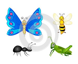 Set of colorful cartoon insects isolated on white background. Butterfly, bee, ant, grasshopper. Flat style. Vector