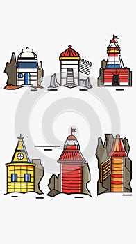 Set colorful cartoon observatories lighthouses vector illustrations. Astronomy observatory domes photo