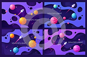 Set of colorful cartoon outer space backgrounds, designs, banners, artworks. photo