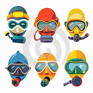 Set colorful cartoon scuba diving masks snorkels, various designs underwater activities. Six photo