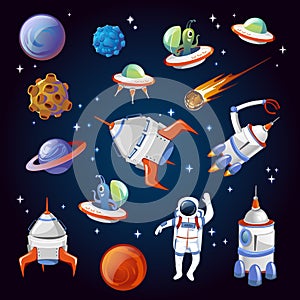 Set of colorful cartoon space elements. Aliens, planets, asteroids, spaceships, stars and astronauts. Universe vector
