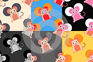 Set of colorful cartoon style seamless backgrounds with cute mouse with big ears