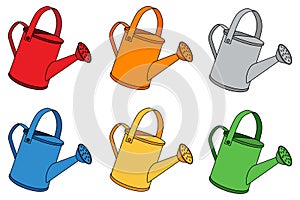 Set of colorful cartoon watering cans. Garden watering can icon set isolated on white background. Gardening tools to water