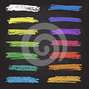 Set of colorful chalk brush strokes on the chalkboard background. Abstract vector illustration.