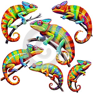 Set of colorful chameleons, Generative AI