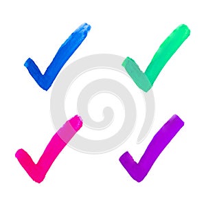 Set colorful check mark. Blue, green, pink, purple watercolor check mark on white background. Brush strokes hand drawn. Abstract