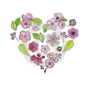 Set of colorful cherry flowers in a heart frame on a white background. Vector illustration