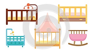 Set of colorful childrens beds in cartoon style. Vector illustration of furniture for home interiors white background.