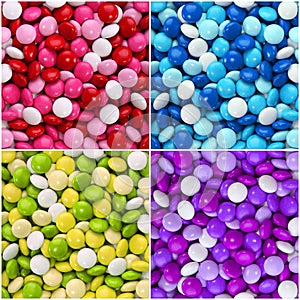 Set of colorful chocolate candy coated with frosting. background