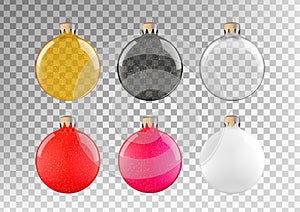 Set of colorful Christmas balls with sparkles, transparent, gold, black and red, pink, white. For decoration.