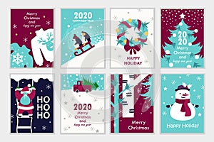 Set of colorful christmas cards. 2020 new year. Set of templates for cards, stickers, flyers. Vector cartoon illustration.