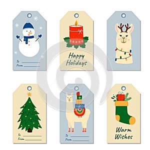 Set of colorful Christmas and holidays gift tags. Labels with cute llama, snowman, Christmas tree.