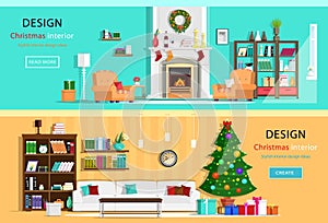 Set of colorful Christmas interior design house rooms with furniture icons. Christmas wreath, Christmas tree, fireplace. Flat styl