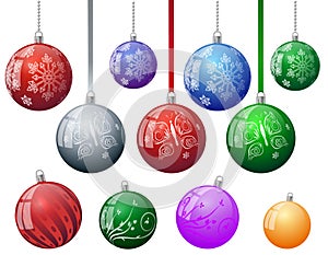 Set of colorful Christmas tree vector ornament balls with snowflake butterfly floral abstract decorative pattern with ball chain