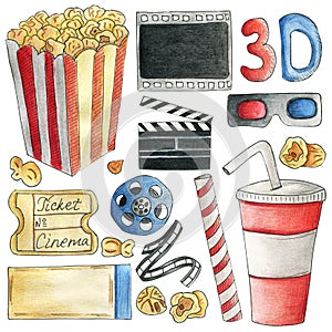 Set of colorful cinema equipment for movie and cartoon watching. HAnd drawn watercolor illustration in cartoon style. Red, blue