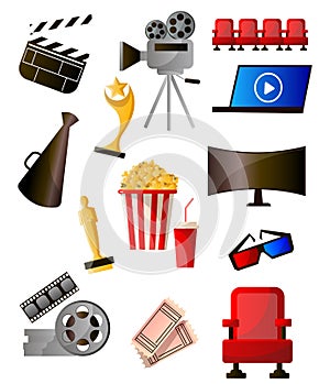 Set of colorful cinema icons different modern object