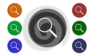 Set of colorful circular icons, search on websites and forums and in e-shop with a button and a picture of a magnifying glass isol