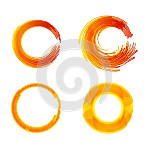 Set of colorful circular, round abstract banners fiery, red yellow colors, dabs of brushes. Bright labels, stickers