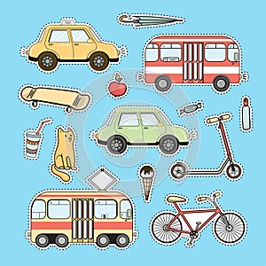 Set of colorful city life patches, vector stickers