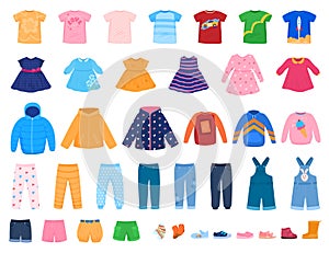 Set of colorful clothes for children. Dresses, pants, whispers, sweaters, T-shirts. Vector illustration