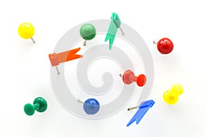 Set of colorful color push pins Thumbtacks. top view isolated on