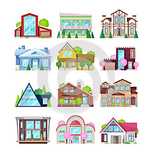 Set of colorful country houses, family cottages, mansion recreation, hotels.