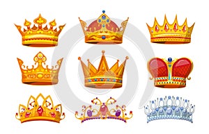 Set of colorful crowns in cartoon style. Royal crowns from gold for king, queen and princess.Crown awards collection for winners