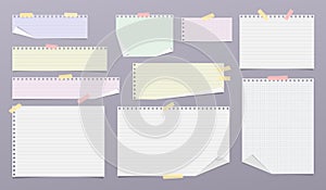 Set of colorful cut paper strips, lined, math notebook sheets with hard shadow are on grey background for text, notes