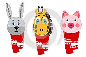 Set with colorful cute animal face in a winter scarf. Hare, giraffe, pig. Isolated objects. Cartoon flat illustration