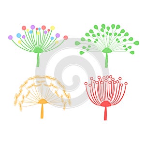 Set of colorful dandelion fluff isolated on white, stock vector