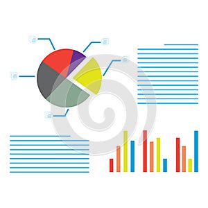 Set of colorful data visualization elements, including pie charts, bar graphs, and line charts on a white background