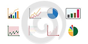Set of colorful data visualization elements, including pie charts, bar graphs, and line charts on a white background