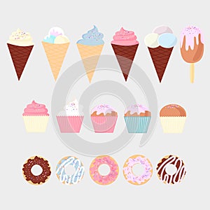 Set of colorful delicious cupcakes, cakes, desserts, ice cream and donuts. Cupcake icons, flat style. Vector. elements for new
