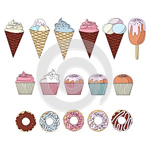Set of colorful delicious cupcakes, cakes, desserts, ice cream and donuts. Cupcake icons, flat style. Vector. elements for new